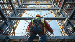 A man in a red jumpsuit is standing on a ladder in a building AIG41