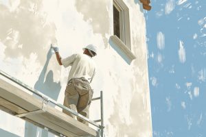 Illustrated construction worker on scaffolding applies stucco to the outside wall of a building under a clear sky