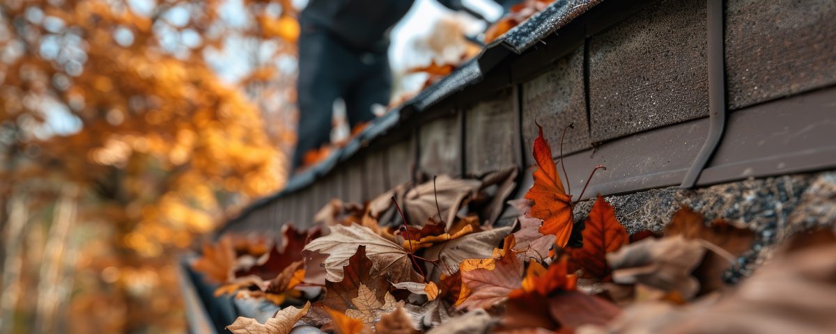Cleaning the roof and gutters from fallen autumn leaves. A man c